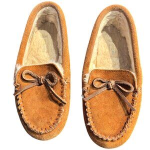 J Crew Crewcuts kids lodge moccasin slippers suede faux-shearling chestnut K3‎